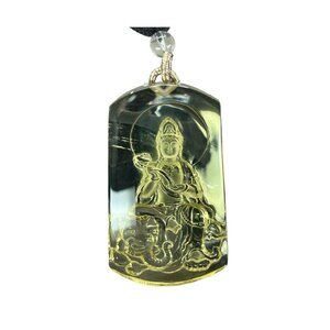 Natural Yellow Crystal Pendant w Samantabhadra, Lotus, Elephant & Certificate